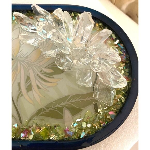 Handcrafted Bird with Flowers Resin Oval Tray with Crystals Rich Cobalt Back - Picture 4 of 8